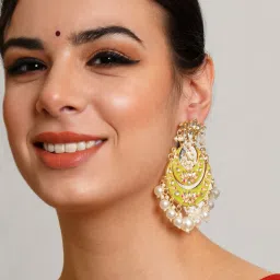 Karatcart Gold-Plated Light Green Meena Lotus Design Pearl Chand Bali Earrings image 2