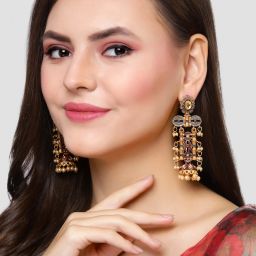 Karatcart Antique Gold-Plated Maroon Kundan Jhumki Earrings for Women image 2