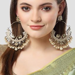 Karatcart Gold-Plated Embellished Kundan and Pearl Large Chand Bali Earrings for Women image 2