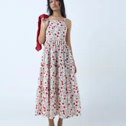 Bombay Paisley by Westside Red Floral Cotton Tiered Dress with Jacket-picture-5