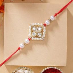 Karatcart Traditional Light Weight Floral Design Handmade Kundan Rakhi for Brother with Roli Chawal-43