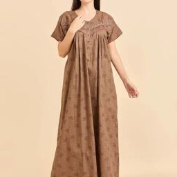 Sweet Dreams Brown Cotton Floral Print Nighty-image-1