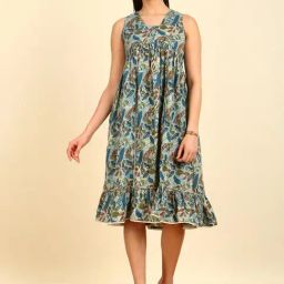 Soch Womens Blue Floral Botanical Print Alia Cut Cotton Ethnic Dress-picture-45