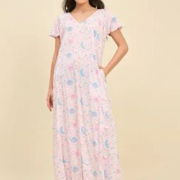 The Kaftan Company Pink Regular Fit Printed Night Dress-image-64