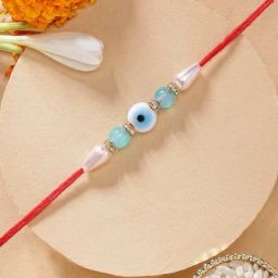 Karatcart Stylish Light Blue Beads Evil Eye Handmade Rakhi for Brother with Roli & Chawal-6