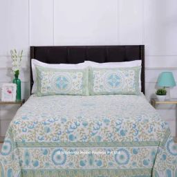Shahenaz Olive & Turquoise 120 TC Cotton Gayatri Pomegranate Double Bedsheet with 2 Pillow Covers-image-93