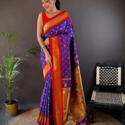Elora Purple Silk Zari Banarasi Saree With Unstitched Blouse-image-38
