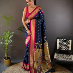 Elora Navy Blue Silk Zari Banarasi Saree With Unstitched Blouse-picture-4