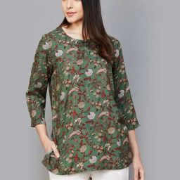 Melange by Lifestyle Green Cotton Printed A Line Short Kurti-image-9
