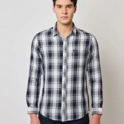 Lee Navy Cotton Slim Fit Checks Shirt-image-12