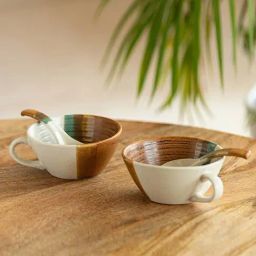 ExclusiveLane Zen Garden Brown & Green Ceramic Hand Glazed Soup Bowl With Spoon (0.22 L) - Set of 2-image-95
