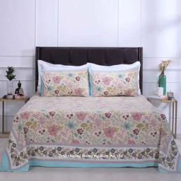 Shahenaz Turquoise & Pink 120 TC Cotton Rama Double Bedsheet with 2 Pillow Covers-picture-40