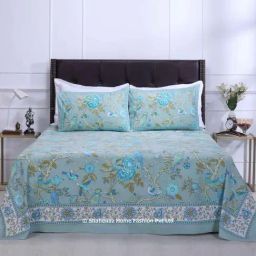 Shahenaz Blue 120 TC Cotton Rama Double Bedsheet with 2 Pillow Covers-15