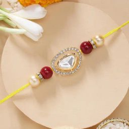 Karatcart Traditional Handmade Red Beads Polki Kundan Rakhi for Brother with Roli & Chawal-46