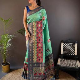 Elora Turquoise Silk Woven Design Banarasi Saree With Unstitched Blouse-13