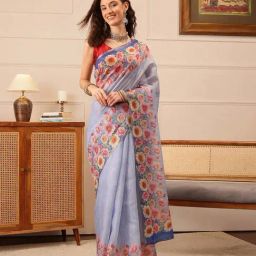 Silk Land Blue Printed Saree With Unstitched Blouse-picture-37