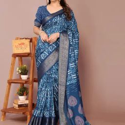 Mirchi Fashion Blue Silk Blend Block Print Saree With Unstitched Blouse-7