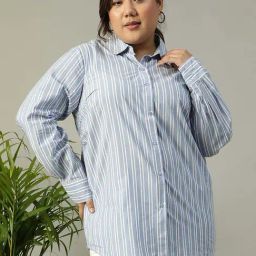 Oxolloxo Blue Cotton Regular Fit Striped Plus Size Shirt-picture-48