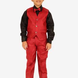 Pro-Ethic Style Developer Kids Red & Black Checks Full Sleeves Shirt, Waistcoat, Pants with Bow-17