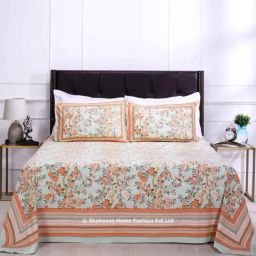 Shahenaz Green & Orange 120 TC Cotton Rama Kashvi Single Bedsheet with 1 Pillow Cover-picture-34