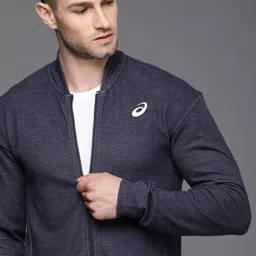 ASICS Men Navy Blue Brand LogoPrinted Stand Collar Sporty Training Jacket-45