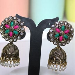 Jolly Faces Artificial Stones Studded Dome Shaped Oxidised Jhumkas-image-66