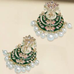 Oomph Jewellery Green & Yellow Meenakari Ethnic Large Kundan Stones Lotus Design Chand Bali Earrings-image-89