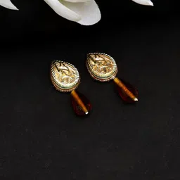 DUGRISTYLE Gold-Plated Kundan Studded Contemporary Drop Earrings-4