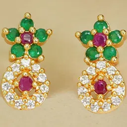 DIVASTRI Women Brass Gold-Plated American Diamond Studded Floral Stud Earrings-image-9
