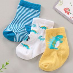 Cute Walk by Babyhug Anti Bacterial Ankle Length Striped Socks Dinosaur Print Pack of 3 - Multicolor-image-96