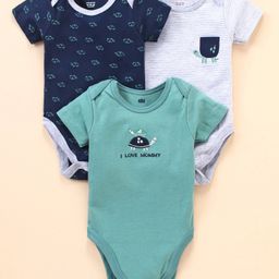 Simply Cotton Interlock Half Sleeves Striped Onesie Turtle Print Pack of 3 - Green Navy Blue & Grey-image-98