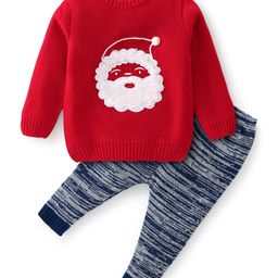 Babyhug Knitted Full Sleeves Santa Claus Design Sweater & Pajama Set - Red-picture-23