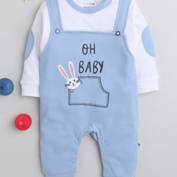BUMZEE Full Sleeves Oh Baby Text & Bunny Face Printed Mock Dungaree Style Romper - Blue-image-46