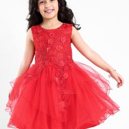 Mark & Mia Sleeveless Party Frock With Net & Floral Corsage - Red-picture-0
