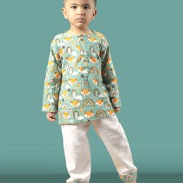 Polka Tots  Full Sleeves Wolf And Rainbow Printed  Kurta Pyjama Set - Green-image-43