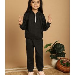 Mini & Ming Full Sleeves Solid Half Zipper Hooded Sweatshirt & Joggers Set - Charcoal Grey-image-32
