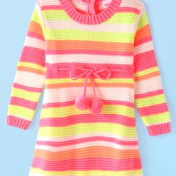 Babyhug Knit Full Sleeves Striped Woolen Dress - Pink-image-23