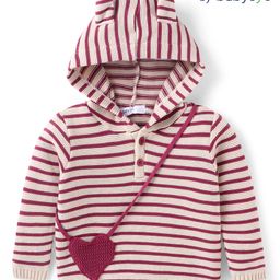 Babyoye Knitted Full Sleeves Hooded Striped Designed Sweater with Attached Sling Applique - Maroon & Cream-image-68