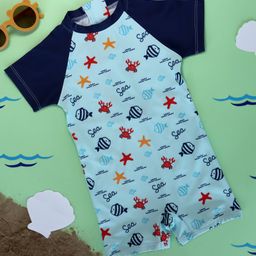Kicks & Crawl Half Sleeves Sea Life Theme Printed Swimsuit - Navy Blue-image-60