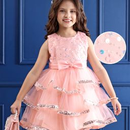 Mark & Mia Sleeveless Knee Length Layered Party Frock With Sequined Detailing & Bow Applique - Peach-image-26