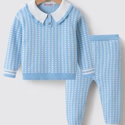 Kookie Kids Cotton Full Sleeves Collar Neck Sweater Set With Checks Design - Sky Blue-image-70