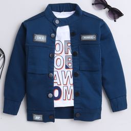 Ministitch Denim Full Sleeves Solid Jacket With Born To Be Awesome Text Printed T-Shirt - Peacock Blue-image-50