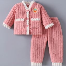 Kookie Kids Full Sleeves Front Open Winter Wear Nigth Suit With Berry Applqiue - Pink-image-75