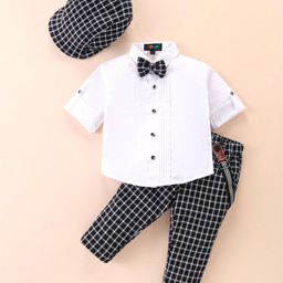 Robo Fry Cotton Woven Full Sleeves Solid Shirt & Checkered Trouser Set with Hat Bow & Suspender - White-image-91