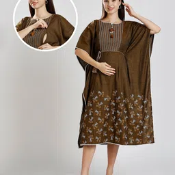 Dummy Shape Half Batwing Sleeves Floral Printed & Lace Embellished Maternity Kaftan Kurta With Nursing Access - Beige-picture-5