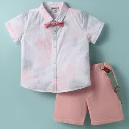 ToffyHouse Poplin Woven Half Sleeves Shirt & Shorts with Suspender & Bow with Tie Dye - Pink & White-picture-33