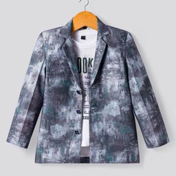 Rikidoos Full Sleeves Abstract Printed Blazer With Typography Printed Tee - Green & White-image-2