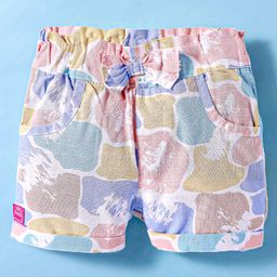 Olio Kids Cotton Knit Above Knee Length Printed Shorts With Bow Applique - Light Blue-image-22