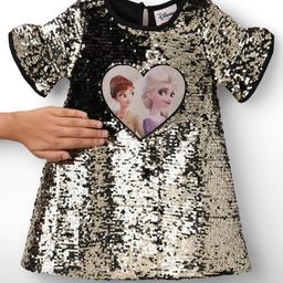 Babyhug Disney Cotton Woven Half Bell Sleeves Party Dress with Elsa & Anna Applique & Sequin Detailing - Black-image-29