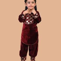 Titrit Velvet Full Sleeves Sequins Embellished Kurta & Afghani Salwar Set - Maroon-picture-25